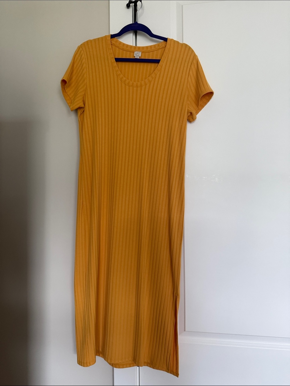 LOFT Ribbed Short-Sleeve Midi Dress in Mustard